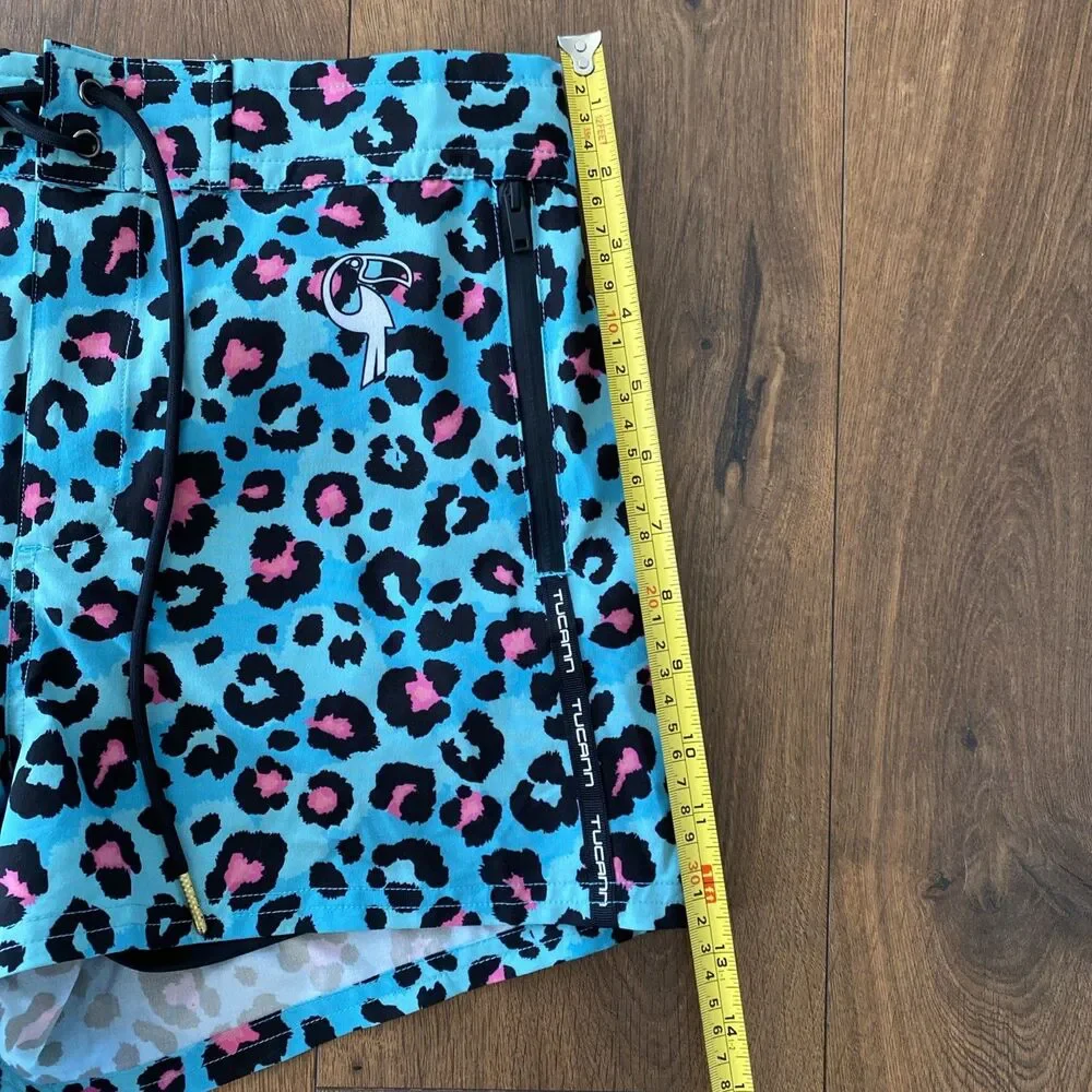 Tucann Swim Trunks Mens Medium Teal and Pink Leopard Board Shorts Lined Beach